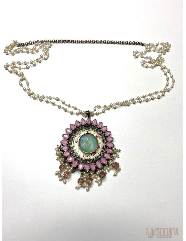 Silver Replica Peach Pink Pendant and White Beads Chain