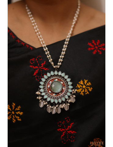 Silver Replica Olive Green Stone Pendant Chain