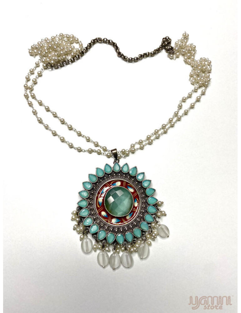 Silver Replica Olive Green Stone Pendant Chain