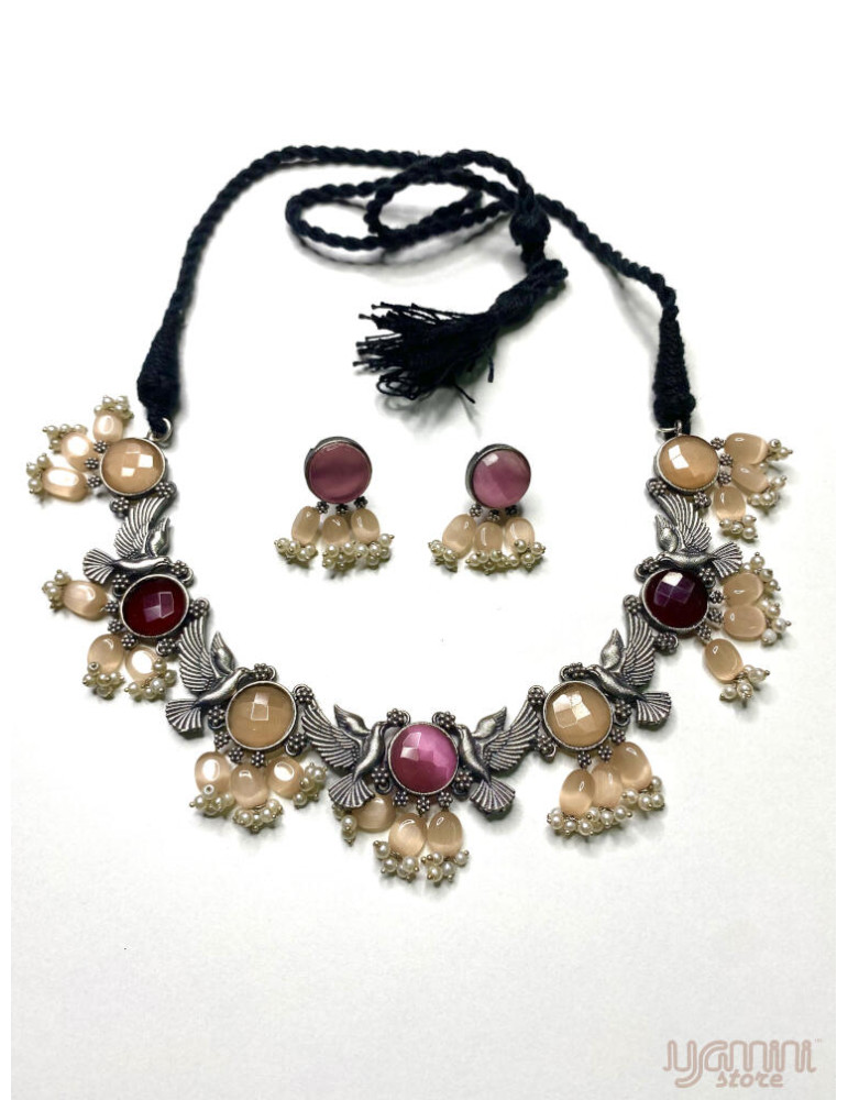 Silver Replica Peach Yellow Designer Necklace Set