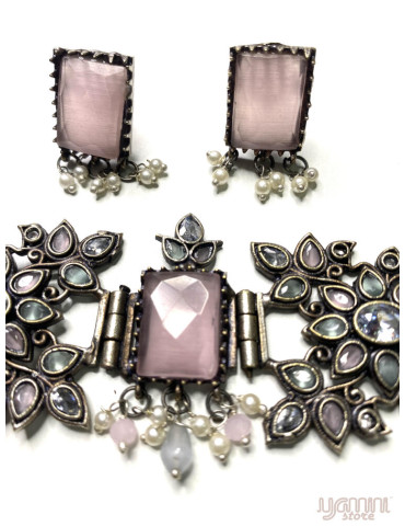 Silver Replica Peach Olive Monalisa Stone Choker Set