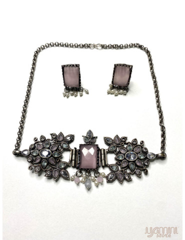 Silver Replica Peach Olive Monalisa Stone Choker Set