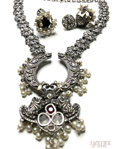 Silver Replica White Stone Long Designer Necklace Set