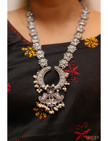 Silver Replica White Stone Long Designer Necklace Set