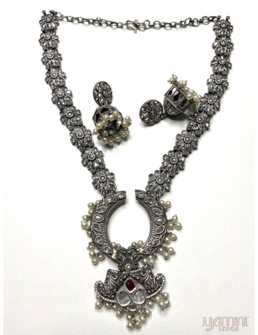 Silver Replica White Stone Long Designer Necklace Set