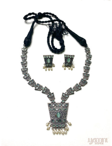 Silver Replica Olive Green Designer Necklace Set