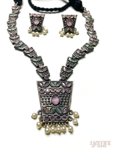 Silver Replica Peach Olive Green Designer Necklace Set