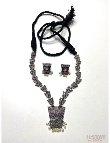 Silver Replica Peach Olive Green Designer Necklace Set