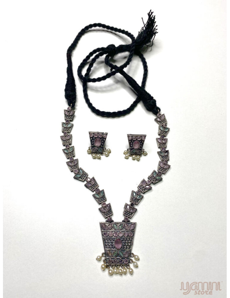 Silver Replica Peach Olive Green Designer Necklace Set