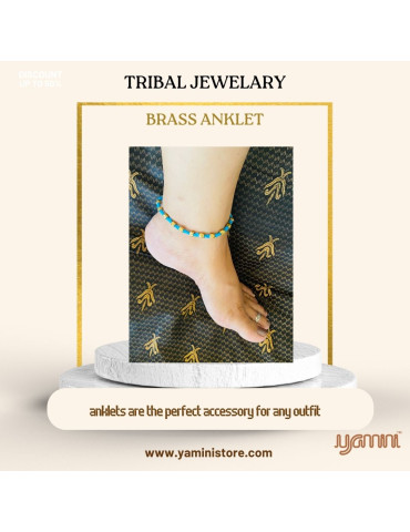 Handcrafted Tribal Jewellery Brass Beads Blue Threaded Anklet for Women & Girls 1 Piece