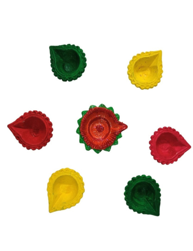 Yamini Terracotta Mitti Diya Set of 6 + 1 Colorful diyas, assorted colored main diya, 3 colors set of 2 side diyas