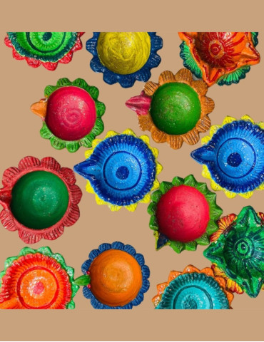 Yamini Terracotta Mitti Diya Set of 6 + 1 Colorful diyas, assorted colored main diya, 6 side diyas assorted colors