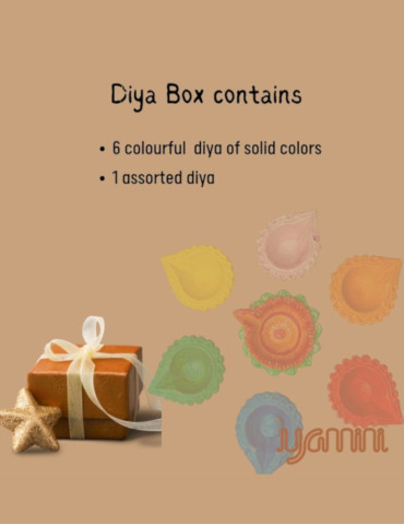 Yamini Terracotta Mitti Diya Set of 6 + 1 Colorful diyas, assorted colored main diya, 6 side diyas assorted colors