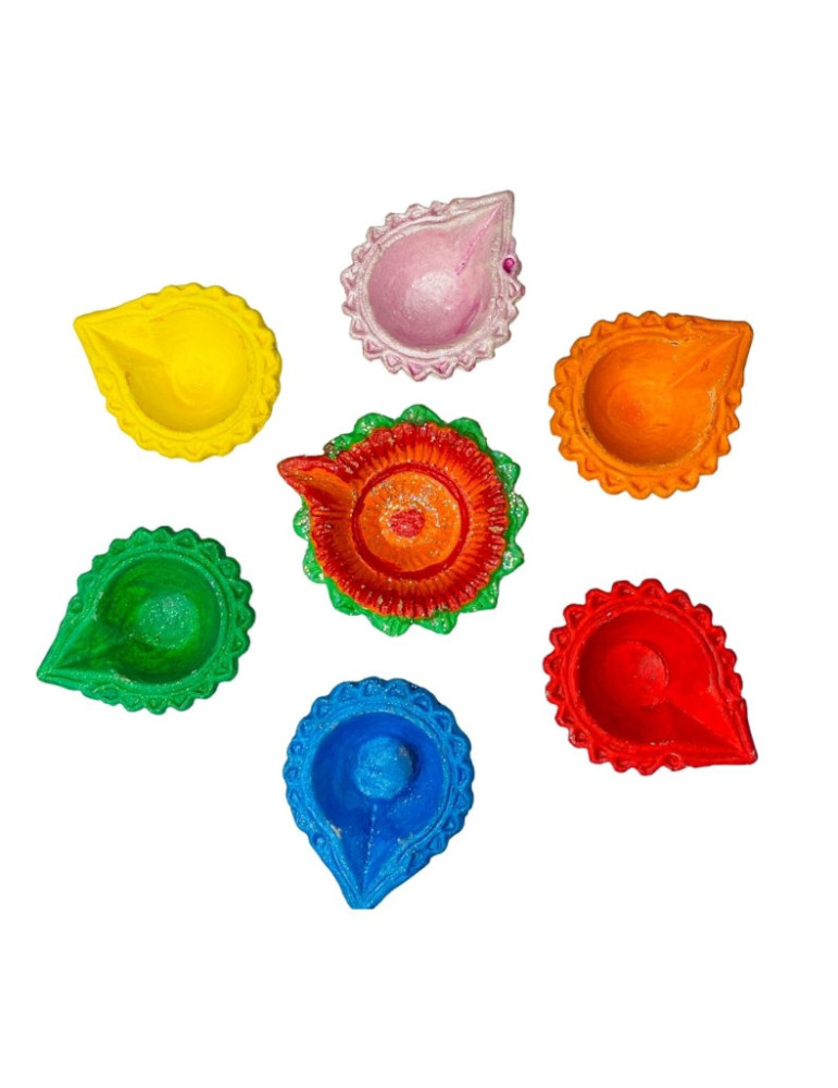 Yamini Terracotta Mitti Diya Set of 6 + 1 Colorful diyas, assorted colored main diya, 6 side diyas assorted colors