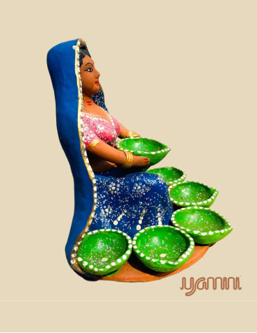 Yamini Designer 7 Diya Village Woman assorted colored clay figurine for decoration/diwali/navratri pooja