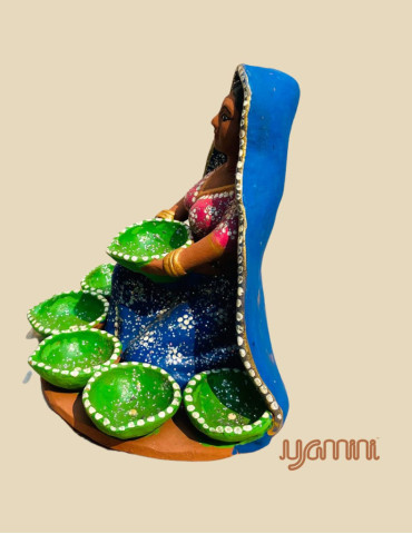Yamini Designer 7 Diya Village Woman assorted colored clay figurine for decoration/diwali/navratri pooja