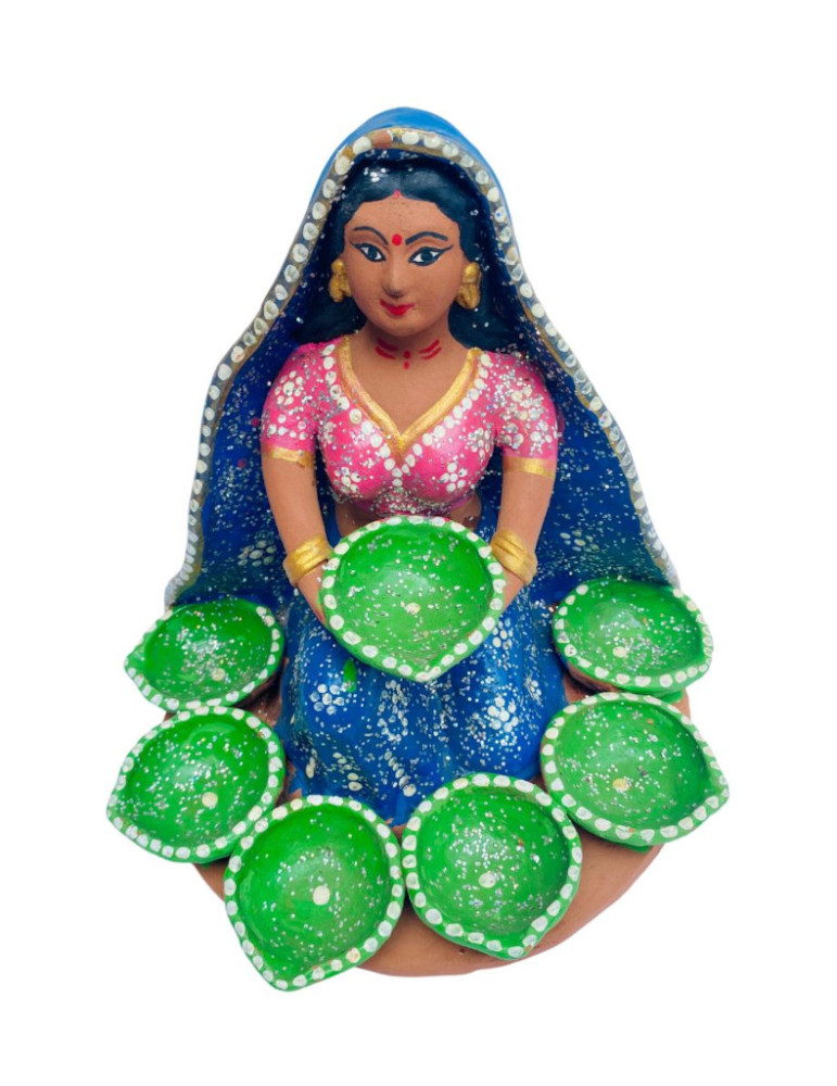 Yamini Designer 7 Diya Village Woman assorted colored clay figurine for decoration/diwali/navratri pooja