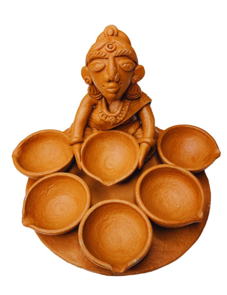Yamini Designer 6 Diya Tribal Woman Clay figurine for decoration/diwali/navratri pooja